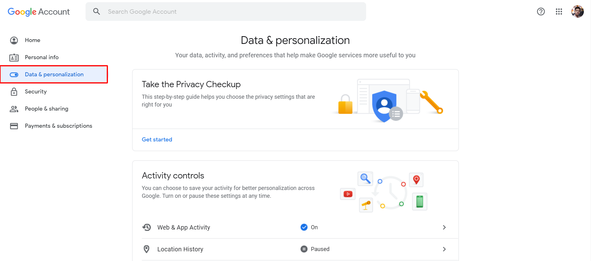 Google Account - Data and Personalization