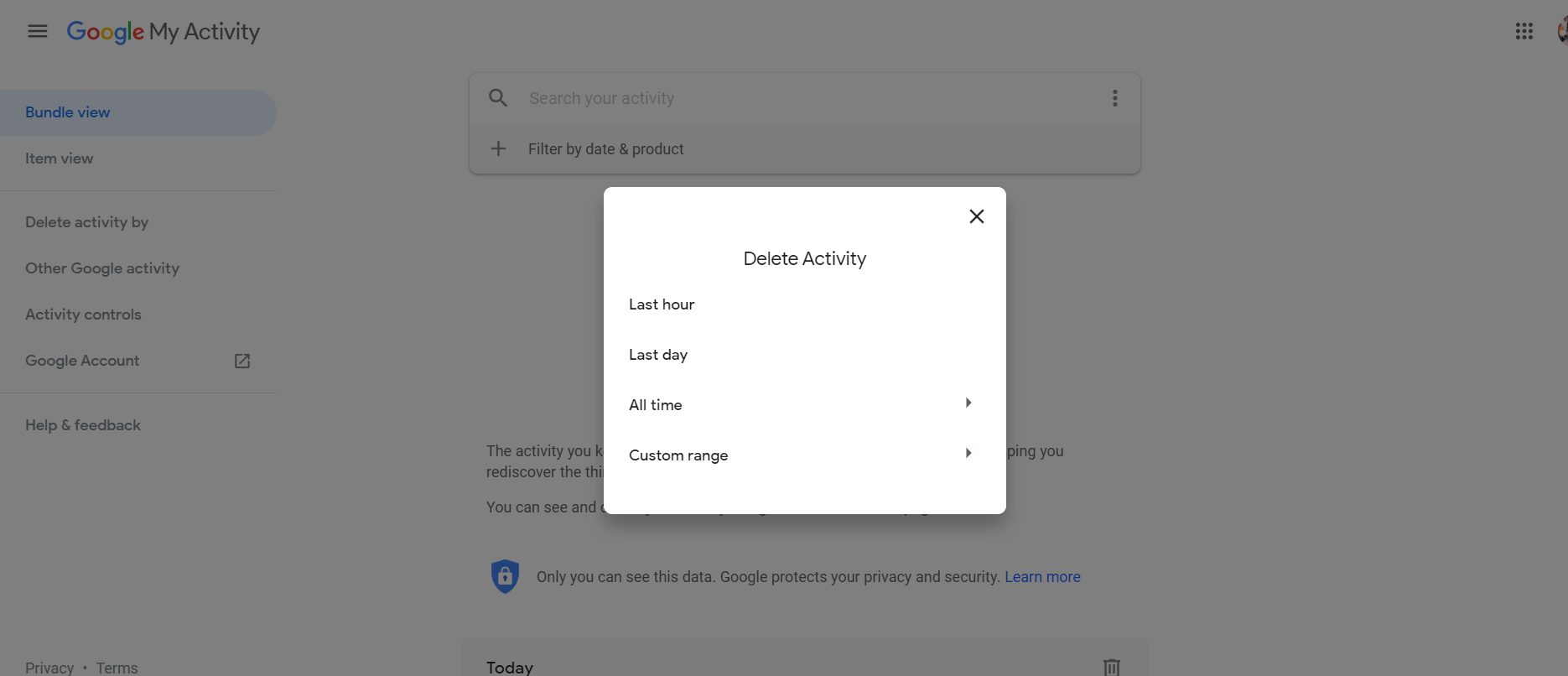 Delete activity by time on Google