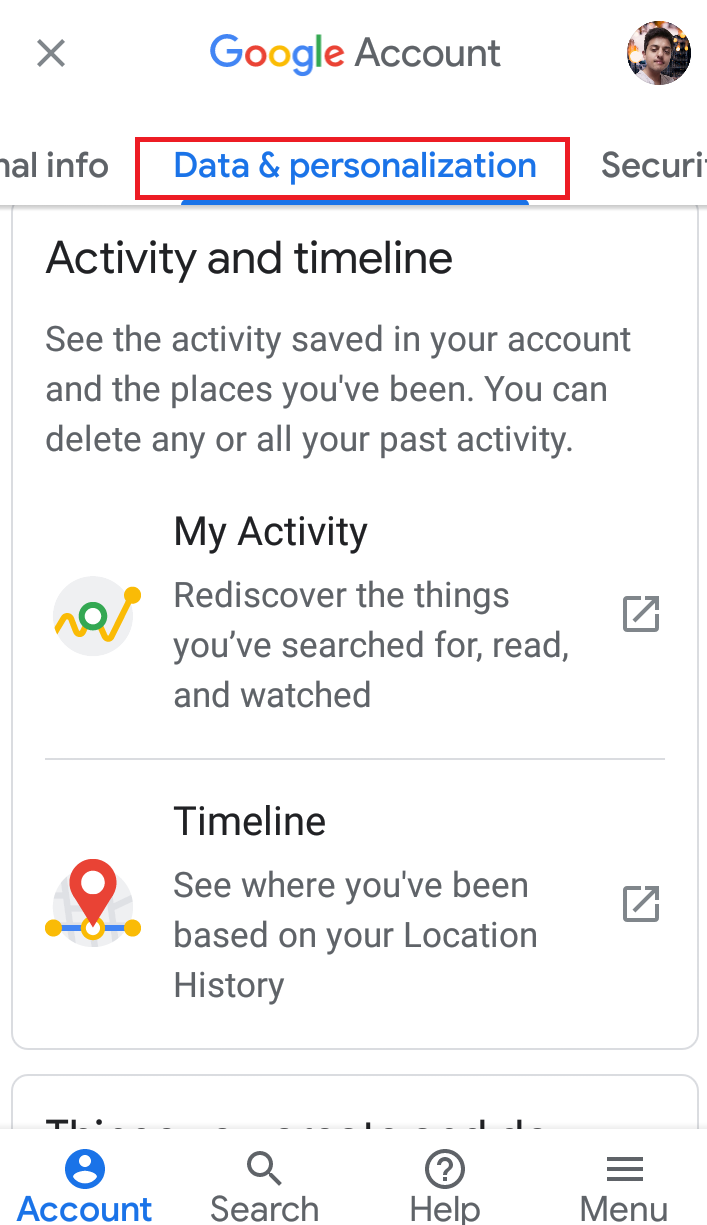 Google account-Data and Personalization tab