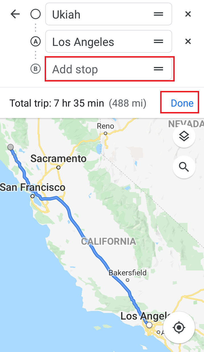 Google Maps add stopping location