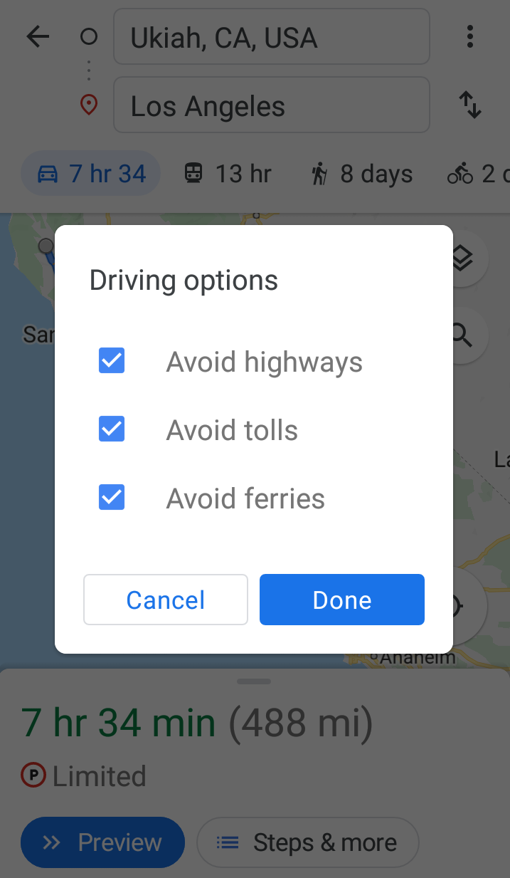 Google Maps avoid highways, terrains and tolls