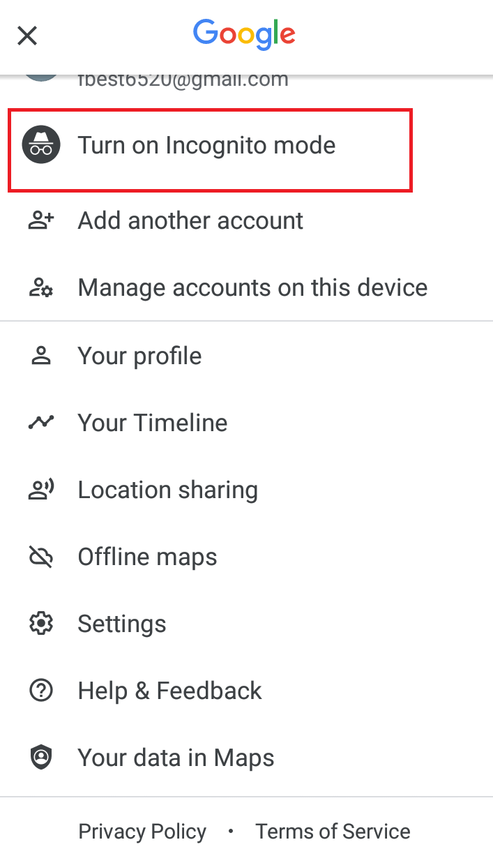 Turn Incognito mode on Google Maps