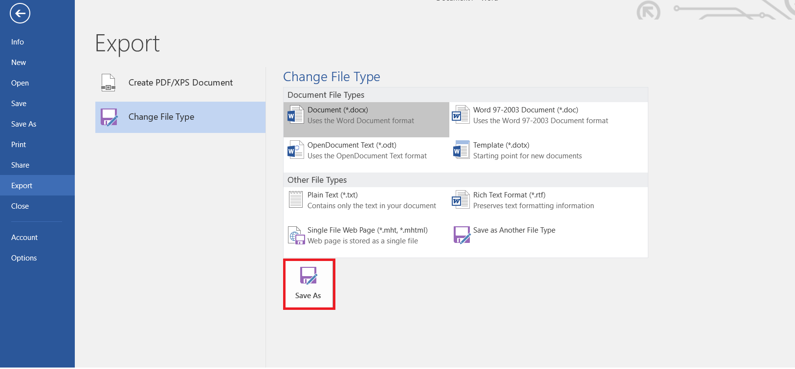 File save as in Word 2016