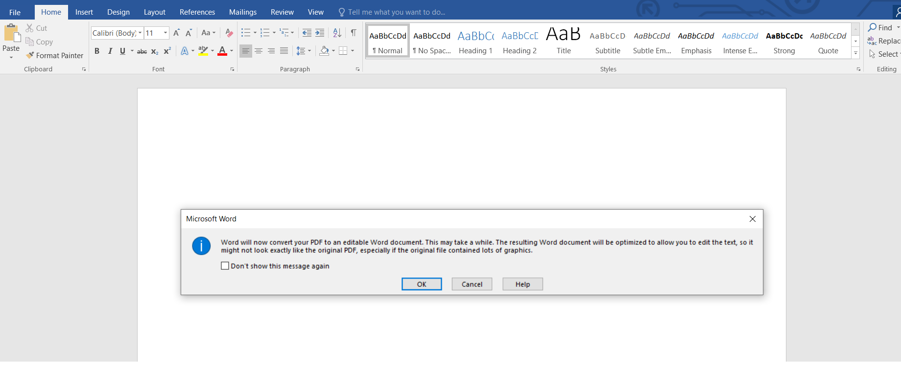 Warning message while converting PDF into Word in MS word