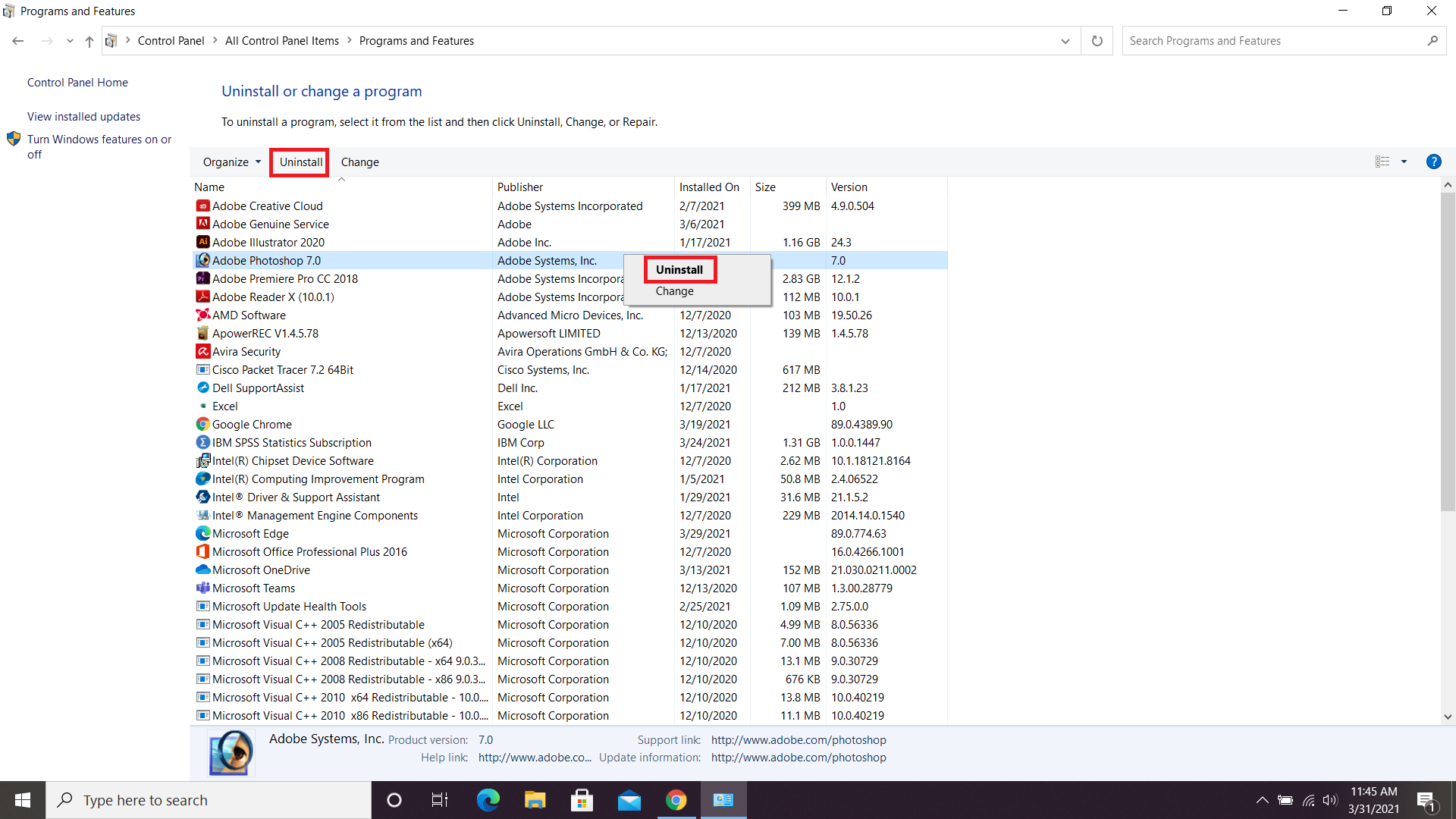 Uninstallation of Programs in windows 10