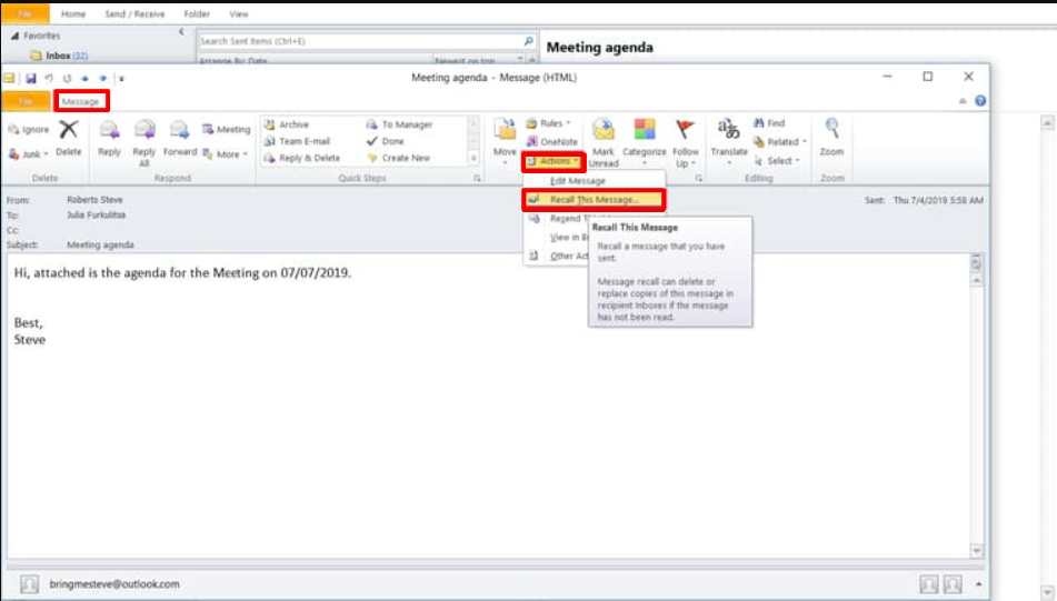 how to recall a message in outlook 365 webmail