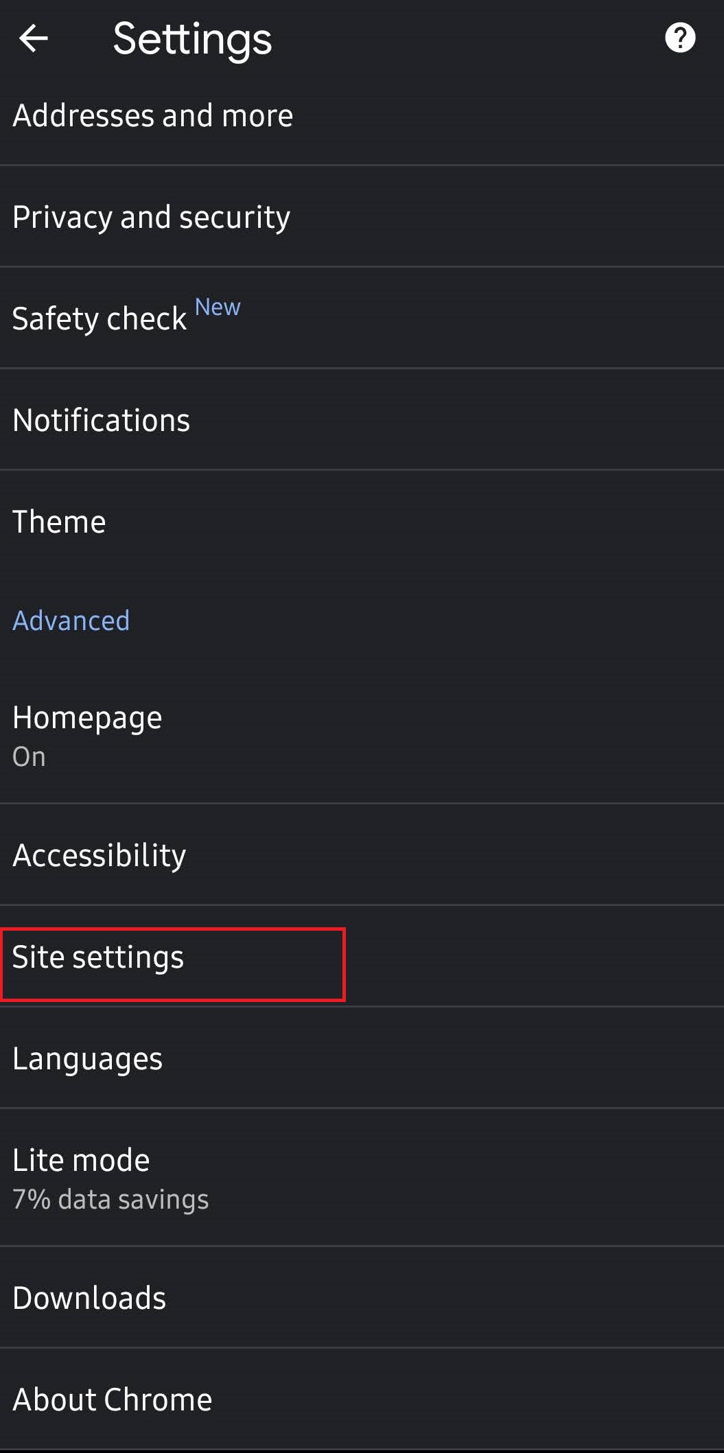 Site settings in Android